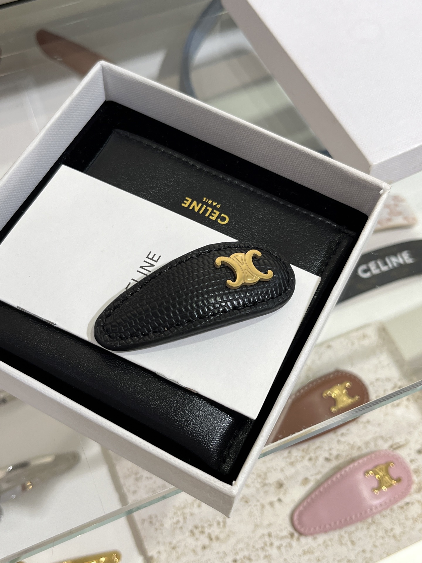 CELINE Black Leather Hair Clip with Triomphe,Gold-Tone Finish, for Women