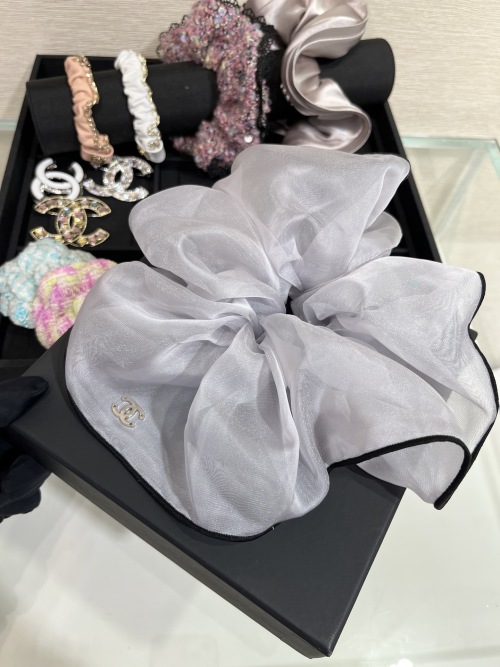 Chanel Black Trim Purple Gauze Hair Tie, Elegant Double C Logo Design 1 Chanel Black Trim Purple Gauze Hair Tie, Elegant Double C Logo Design