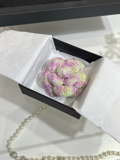 Chanel 25S Tweed Camellia Brooch - Matcha Green and Rose Pink 1 Chanel 25S Tweed Camellia Brooch - Matcha Green and Rose Pink