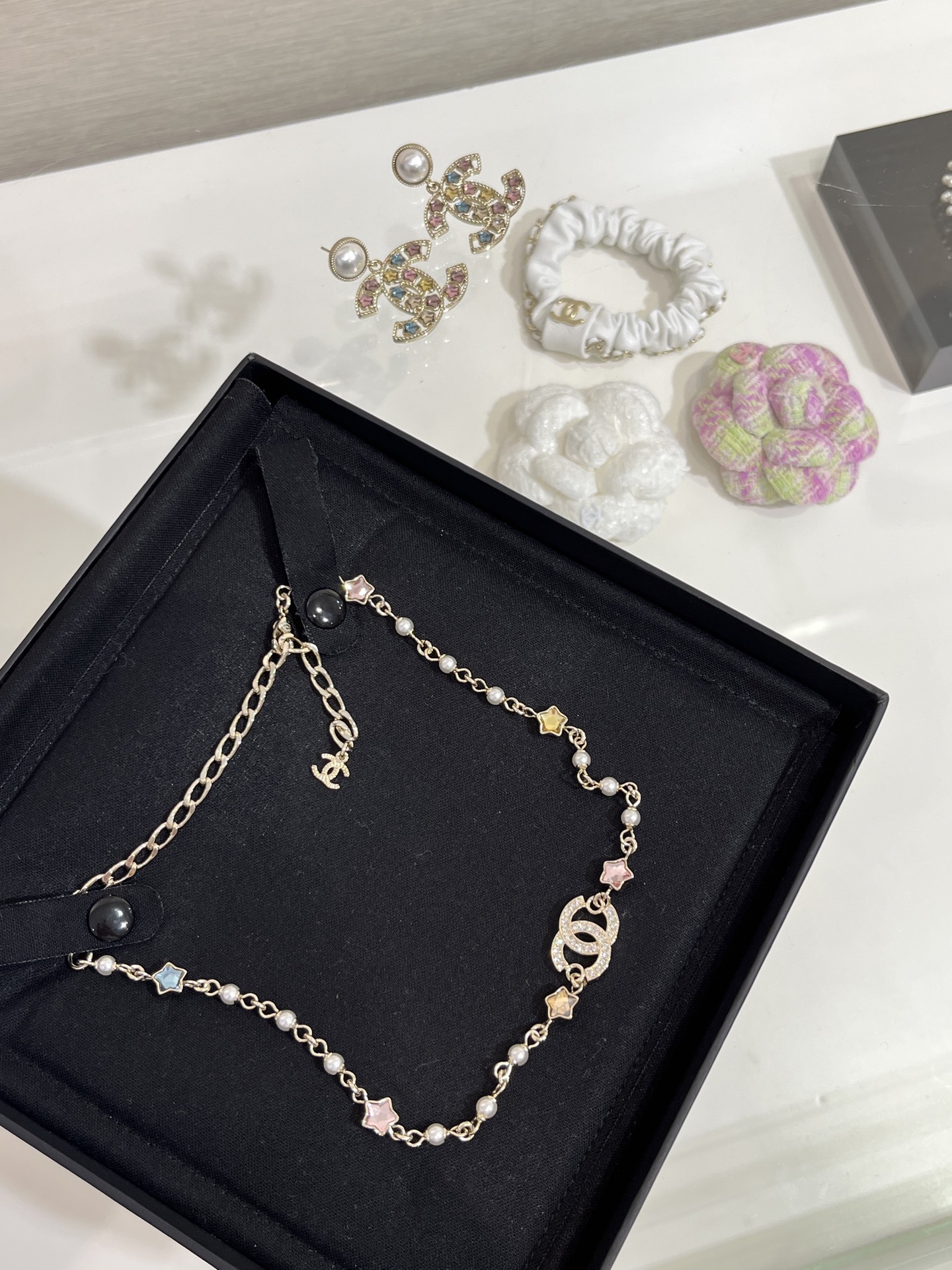 CHANEL Necklace Colorful Crystal Star Double C Pearl Choker