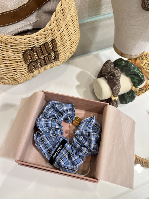 Miu Miu Blue Plaid Scrunchie with Gold Hardware, Hair Accessory 1 Miu Miu Blue Plaid Scrunchie with Gold Hardware, Hair Accessory