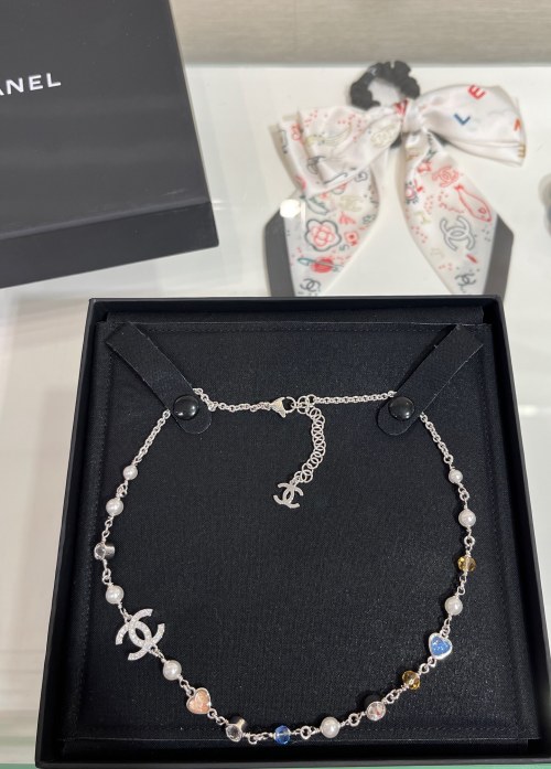 Chanel 25P Necklace with Blue, Pink Hearts, Silver Crystals and Pearls 1 Chanel 25P Necklace with Blue, Pink Hearts, Silver Crystals and Pearls