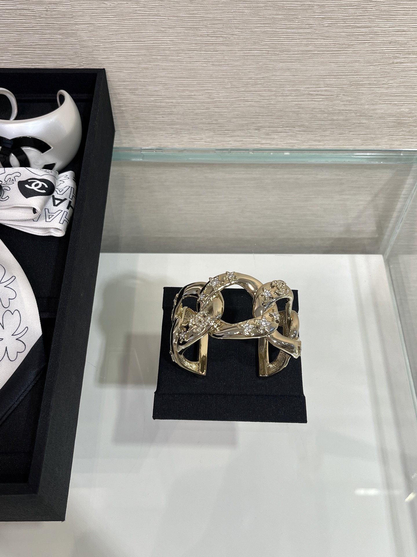 Chanel 25s Gold Cuff Bracelet with Double C Logo and Rhinestone Details