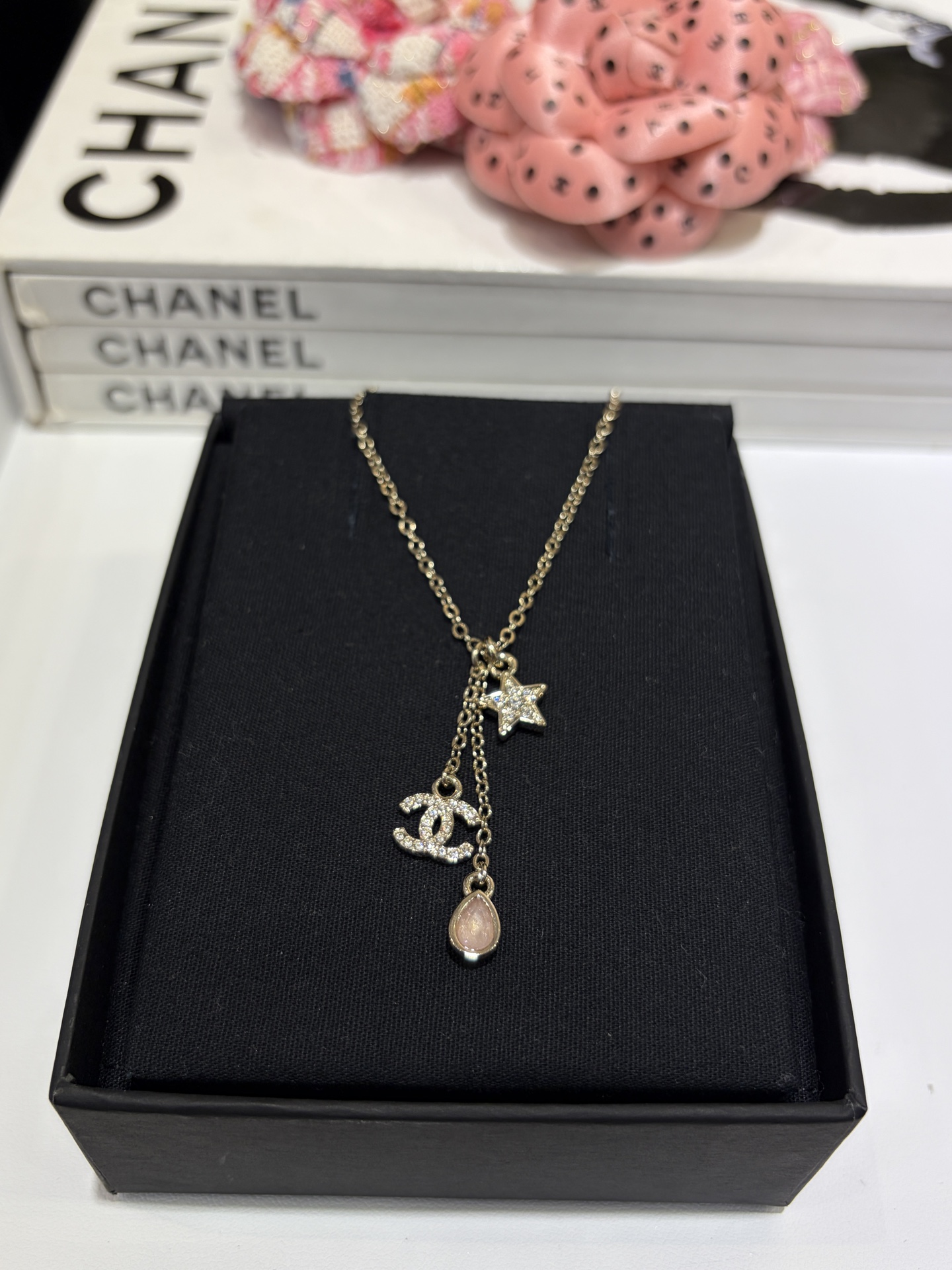 CHANEL Necklace Gold Double C Star Pink Teardrop Tassel