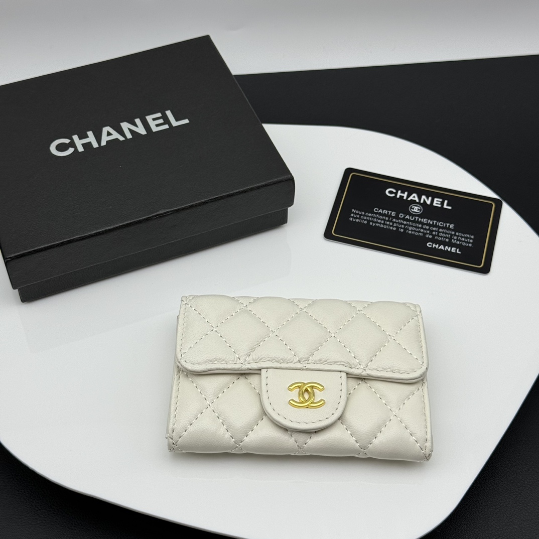 Chanel Classic Flap Bag Wallet Card pack Gold White Lambskin Sheepskin