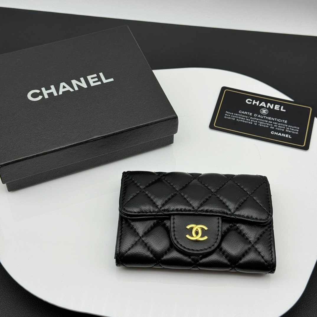 Chanel Classic Flap Bag Wallet Card pack Black Gold Lambskin Sheepskin