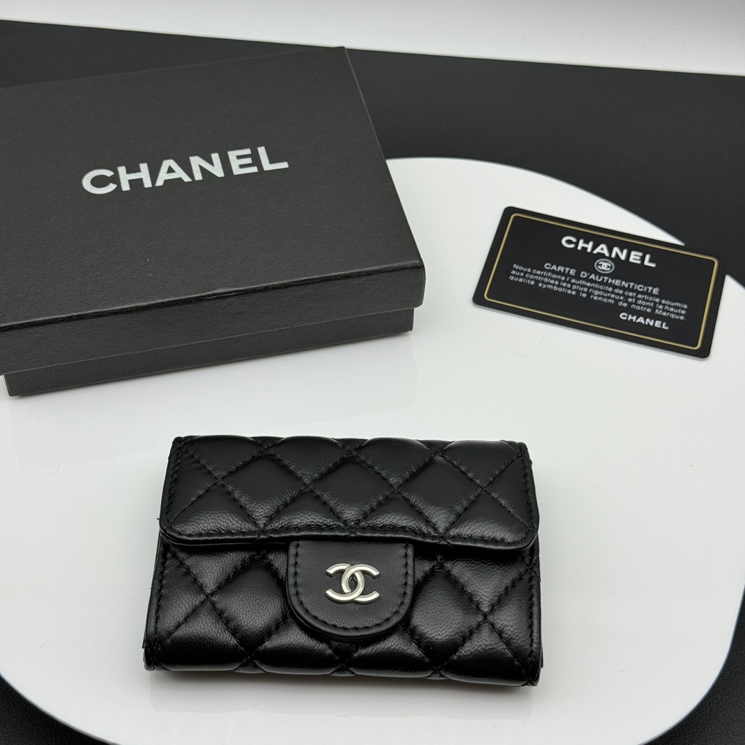 شانيل Chanel Classic Flap Bag متصل
 محفظة الجيب غلاف البطاقة أسود . الفضة جلد الغنم