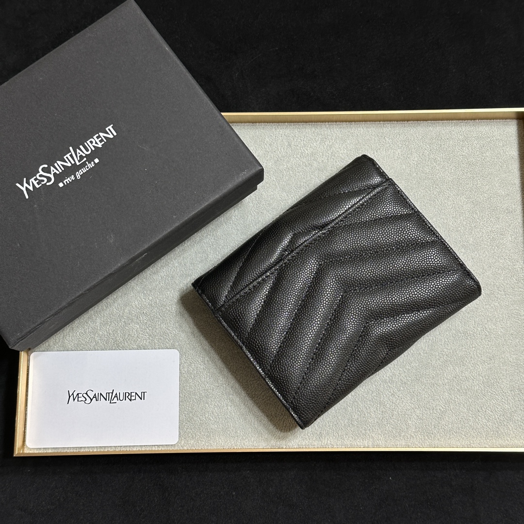 SAINT LAURENT 魚子酱黒銀金 二折短夹財布