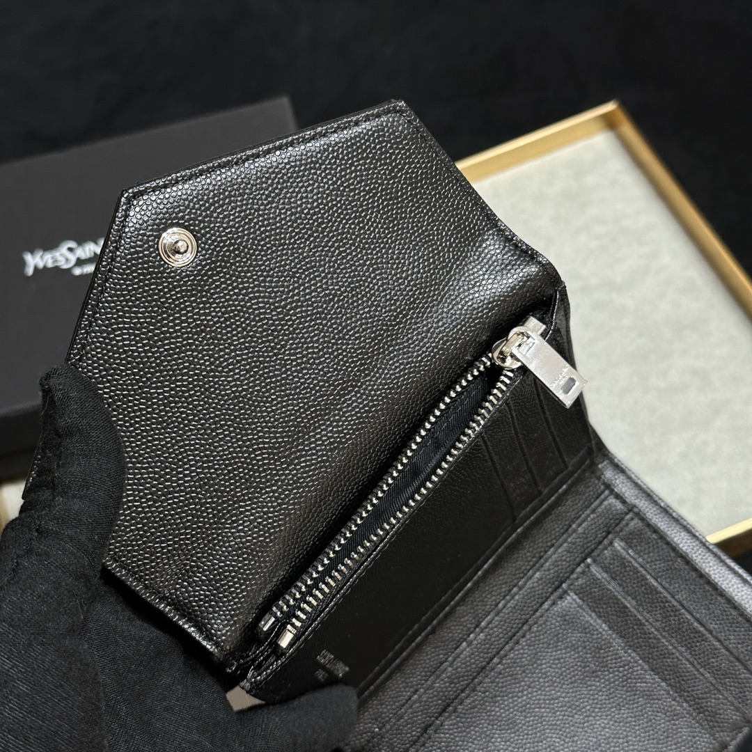 SAINT LAURENT 魚子酱黒銀金 二折短夹財布