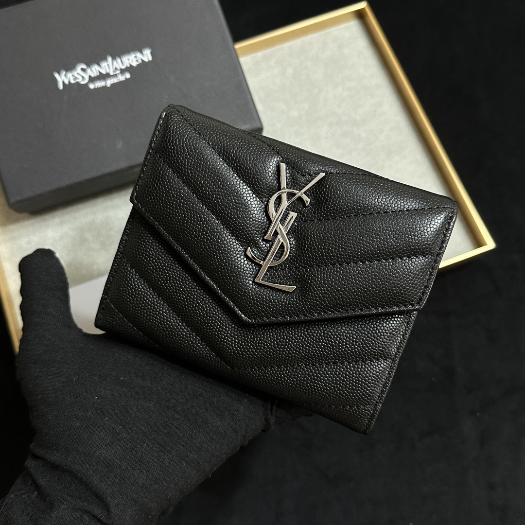 SAINT LAURENT 魚子酱黒銀金 二折短夹財布
