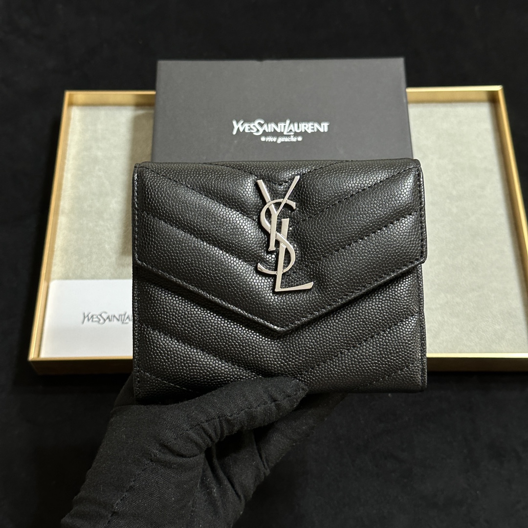SAINT LAURENT 魚子酱黒銀金 二折短夹財布