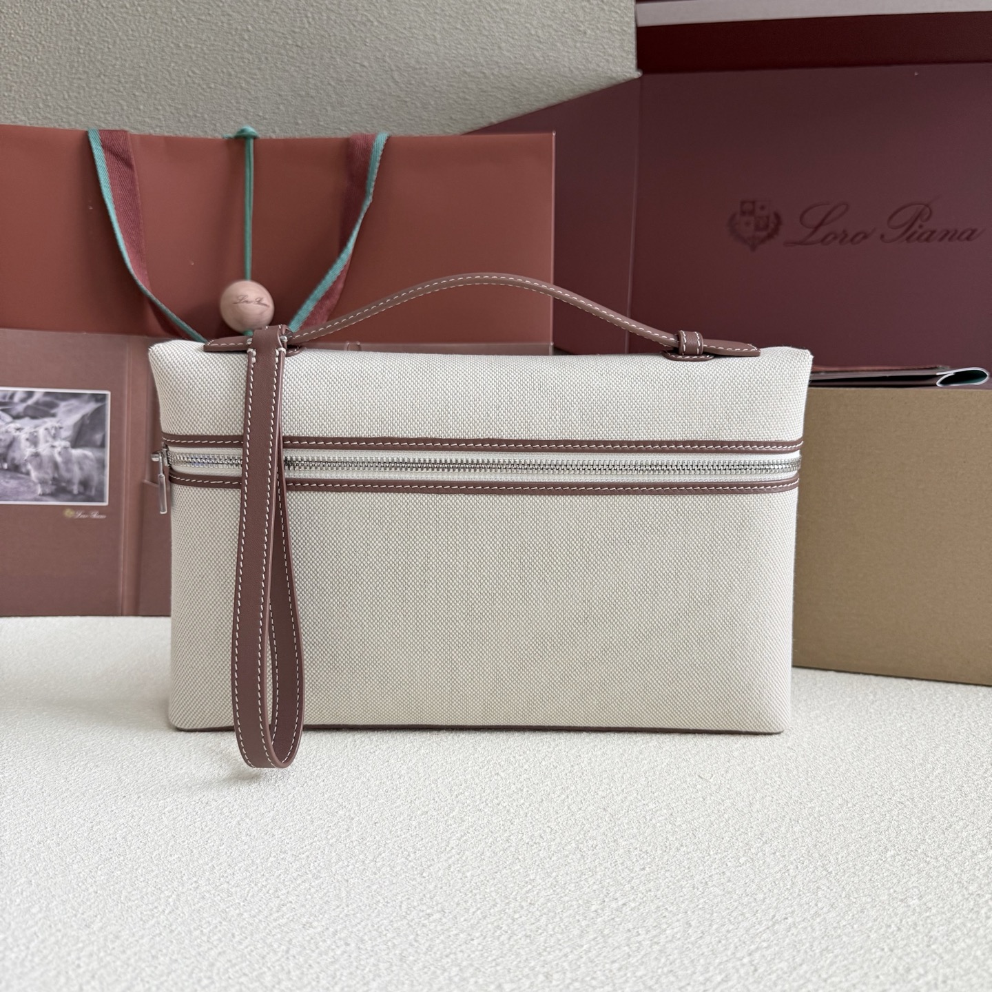 Loro Piana Extra Pouch: Caramel Canvas Leather Handbag with Detachable Strap