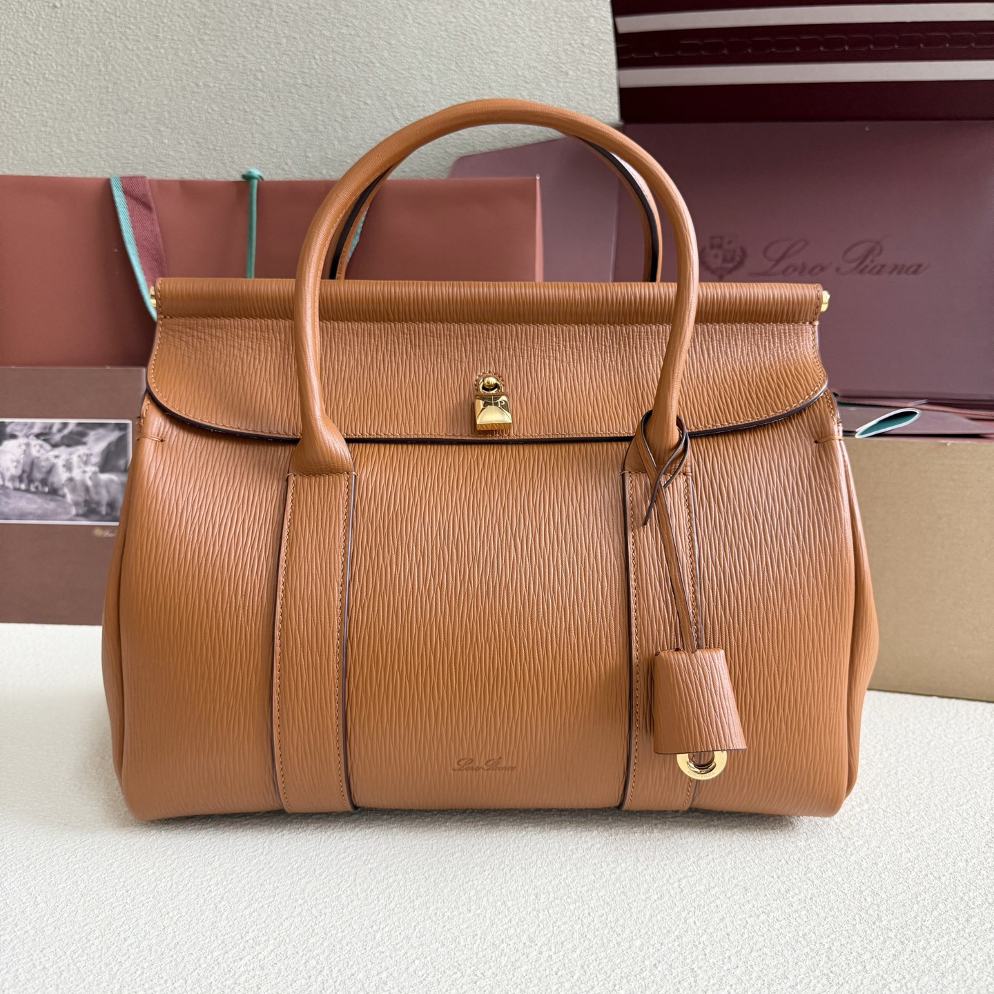 Loro Piana Loom L32 Medium Brown Textured Leather Top Handle Satchel Bag