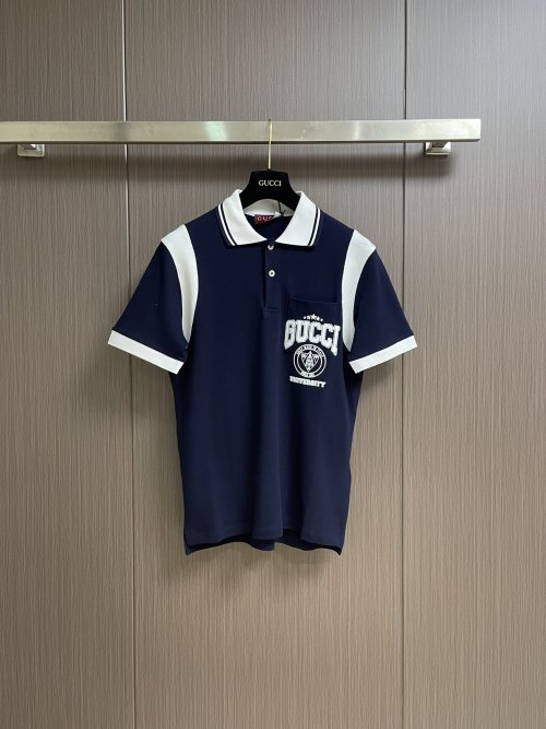 Gucci Men's Nautical College Style Spliced Short Sleeve Polo Shirt 1 Gucci Men's Nautical College Style Spliced Short Sleeve Polo Shirt