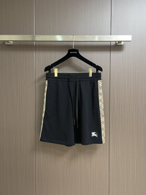 Burberry Men's Black Cotton Shorts with Checkered Trim - Casual & Stylish 1 Burberry Men's Black Cotton Shorts with Checkered Trim - Casual & Stylish