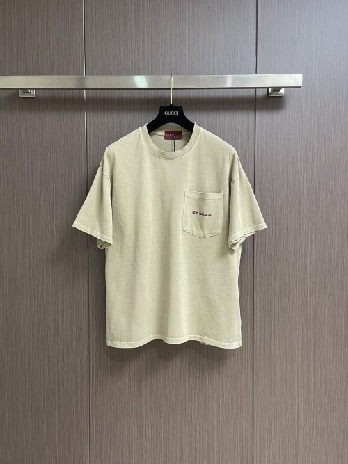 Gucci Pocket Letter Washed Short Sleeve T-Shirt Summer Trend, Beige, XS-L 1 Gucci Pocket Letter Washed Short Sleeve T-Shirt Summer Trend, Beige, XS-L