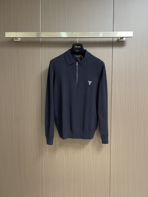 Prada Embroidered Zip Long Sleeve Polo Shirt - Stylish and Comfortable 1 Prada Embroidered Zip Long Sleeve Polo Shirt - Stylish and Comfortable