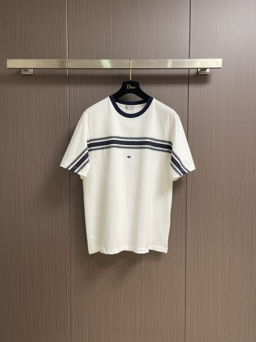 Dior Men's White Cotton T-Shirt with Blue Trim and Bee Embroidery, Casual Style 1 Dior Men's White Cotton T-Shirt with Blue Trim and Bee Embroidery, Casual Style