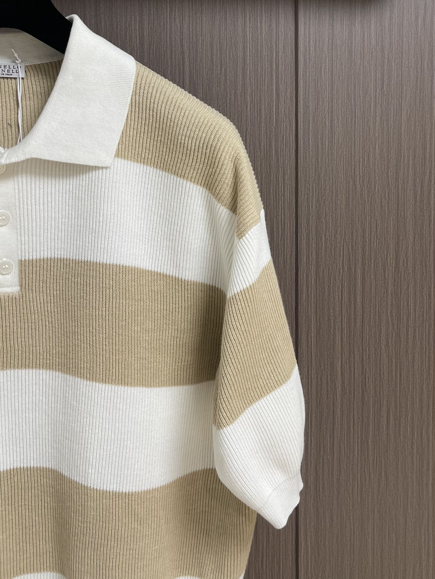 Balenciaga Striped Linen Short Sleeve Polo Shirt, Beige and White, S-XL 5 i1751638900 7051 3