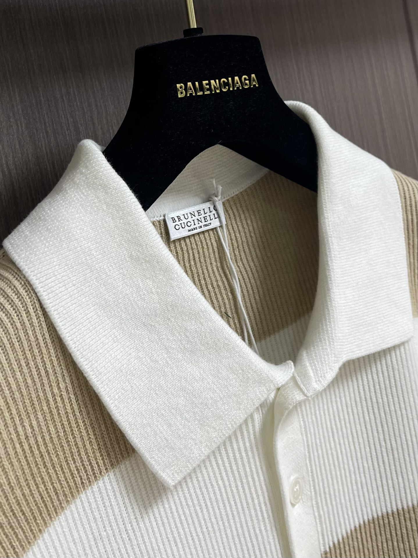 Balenciaga Striped Linen Short Sleeve Polo Shirt, Beige and White, S-XL 4 i1751638900 7662 5