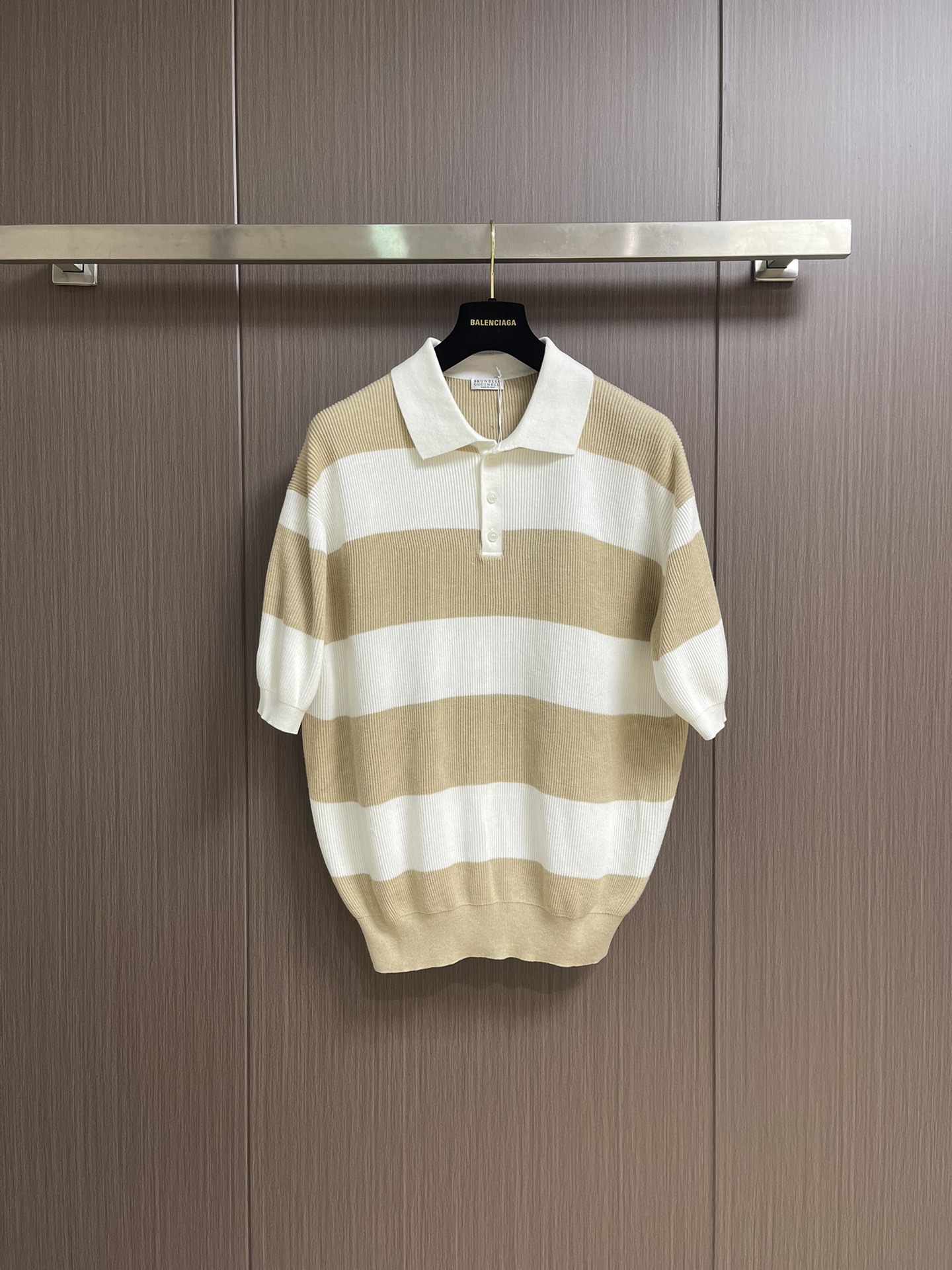 Balenciaga Striped Linen Short Sleeve Polo Shirt, Beige and White, S-XL 2 i1751638901 479 8