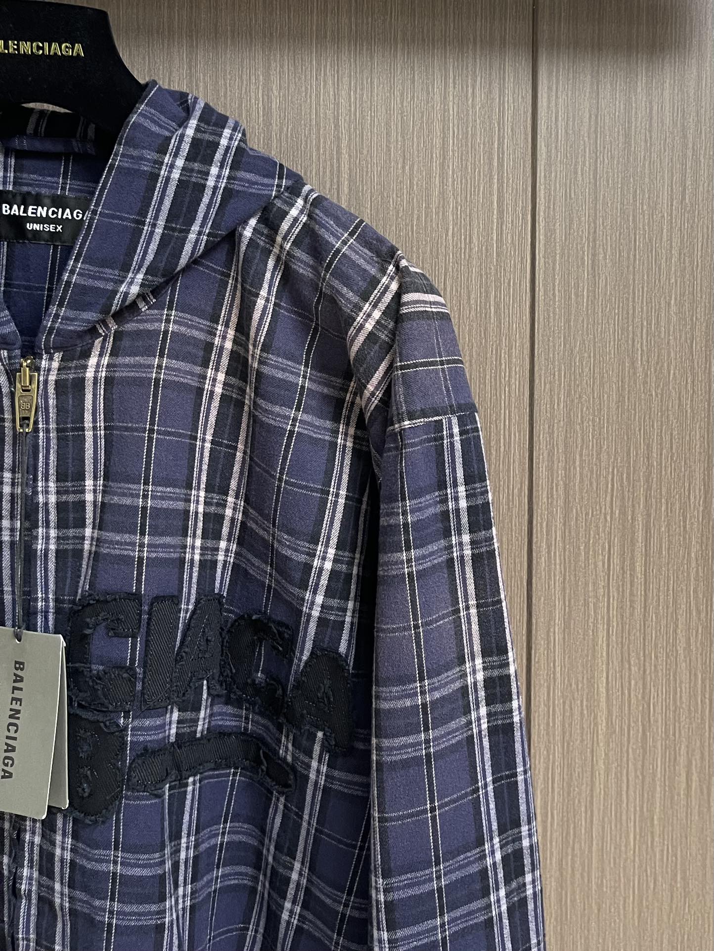 上衣Balenciaga 2025SS秋季新款 海军蓝拼色格纹连帽拉链卫衣外套卫裤套装，定制定染格纹棉质