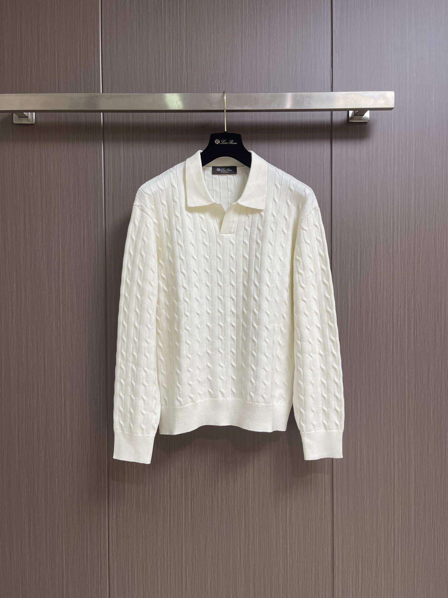Loro Piana White Cable Knit Polo Sweater