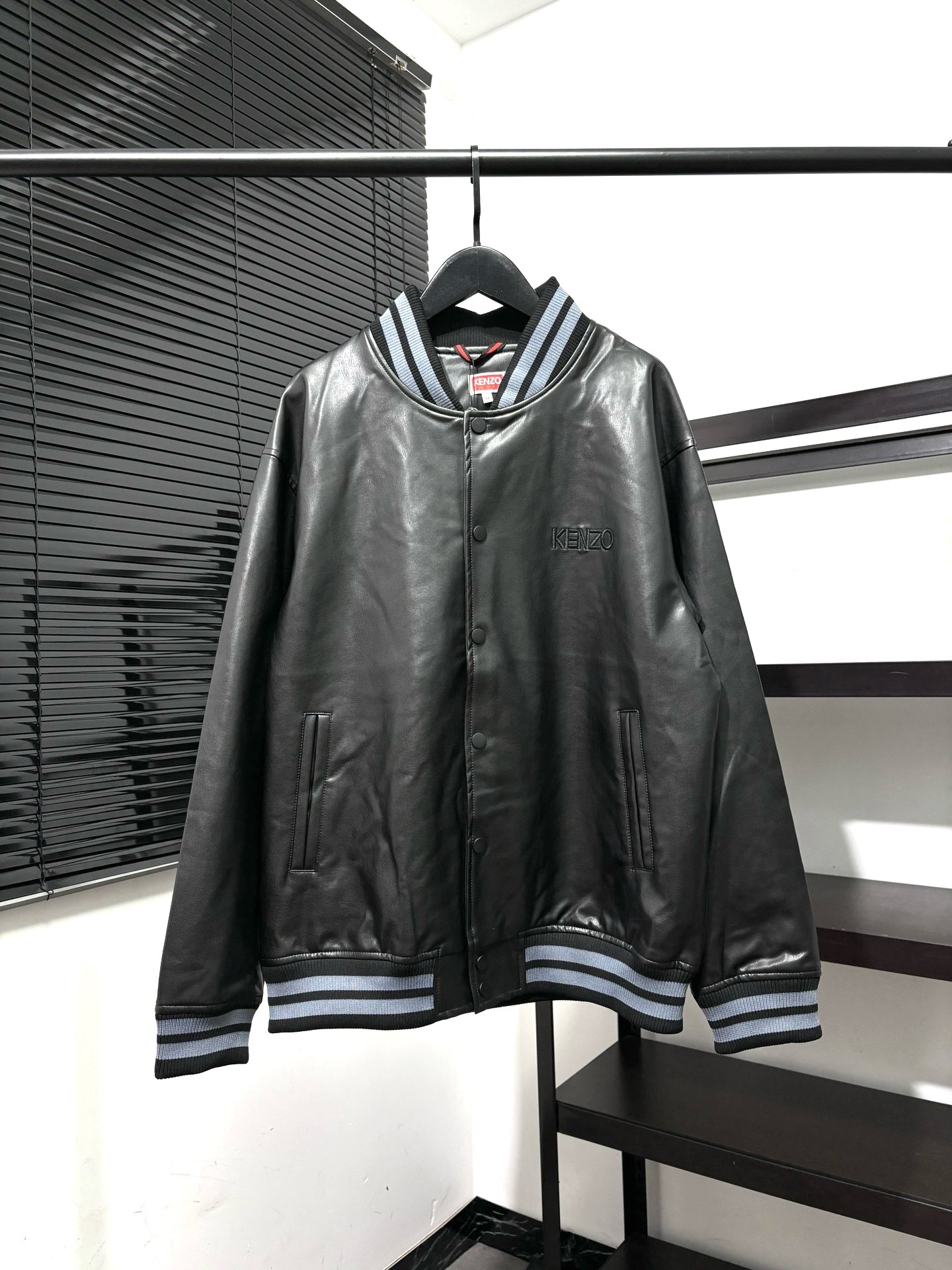 KENZO Men's Black Leather Tiger Embroidered Baseball Jacket, Casual Outerwear