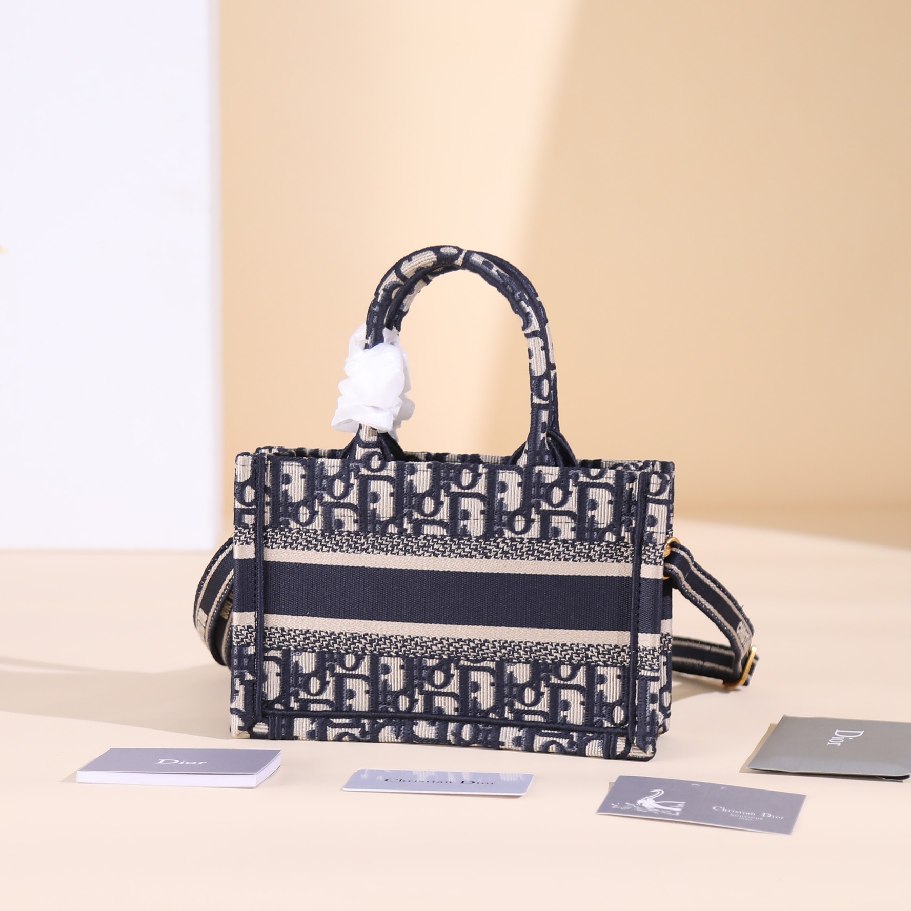 550 Dior Book Tote 系列。通体饰以品牌经典的蓝色和米色 Oblique 印花刺绣 S5573