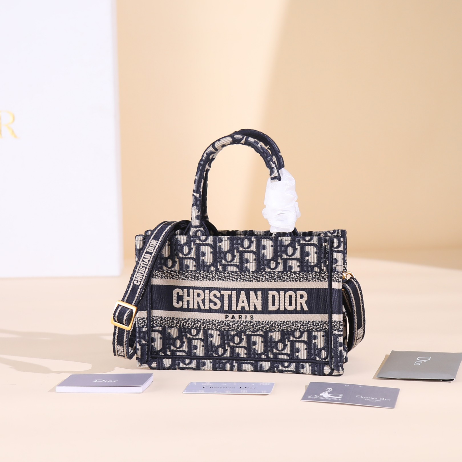 550 Dior Book Tote 系列。通体饰以品牌经典的蓝色和米色 Oblique 印花刺绣 S5573