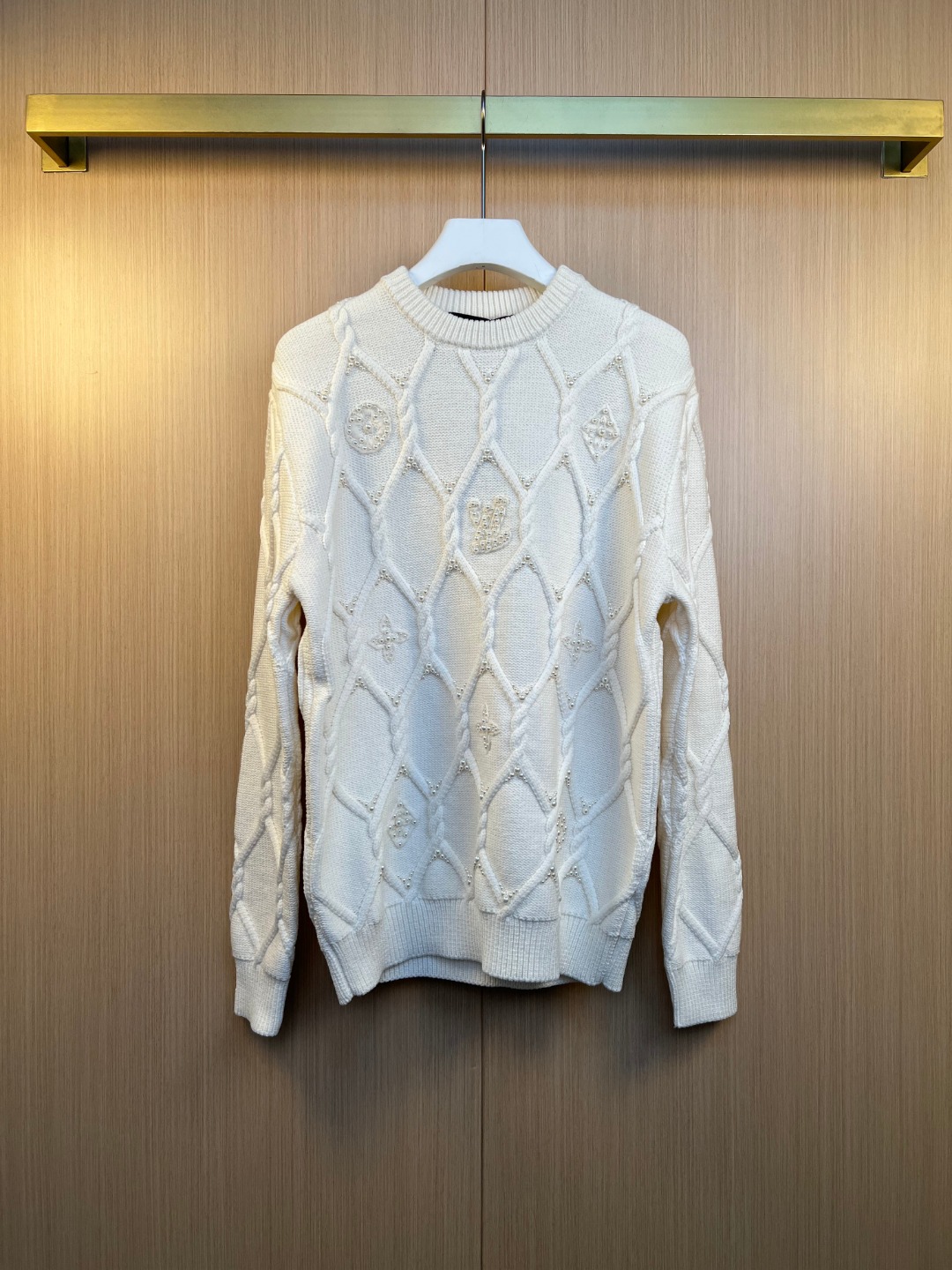 Louis Vuitton White Wool & Cotton Blend Pearl Embroidered Knit Sweater