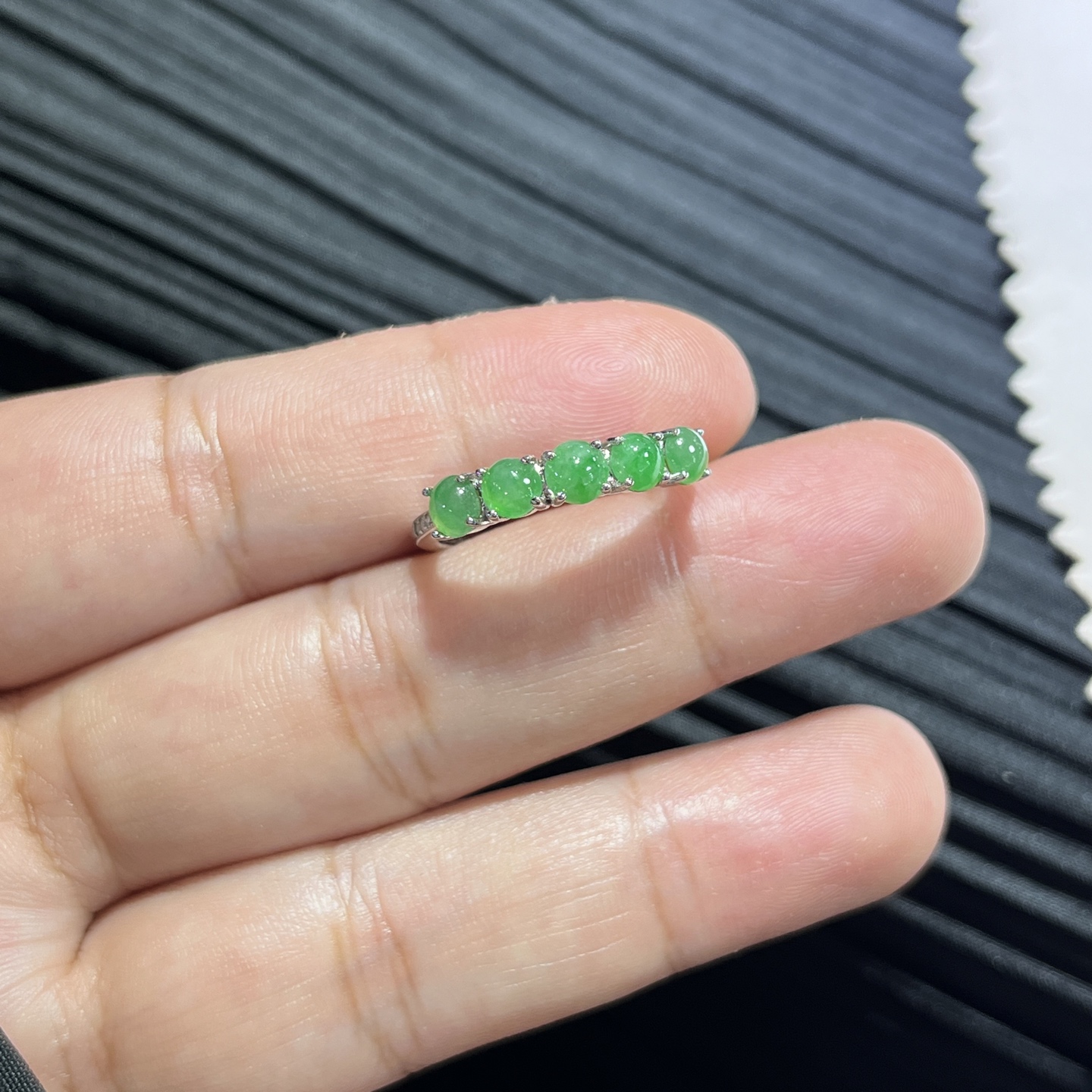 Myanmar Jade Silver-Set Green Row Ring 2