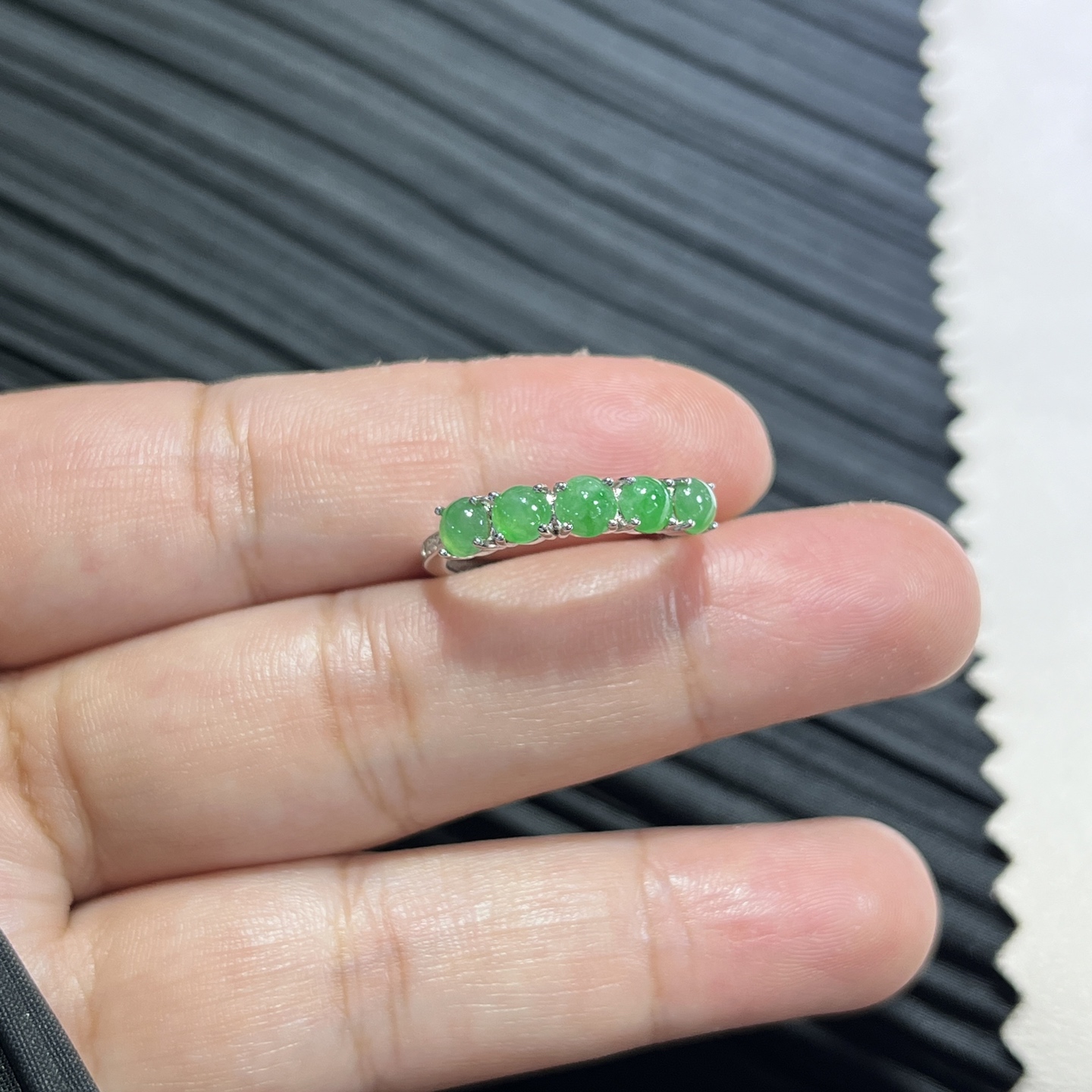 Myanmar Jade Silver-Set Green Row Ring