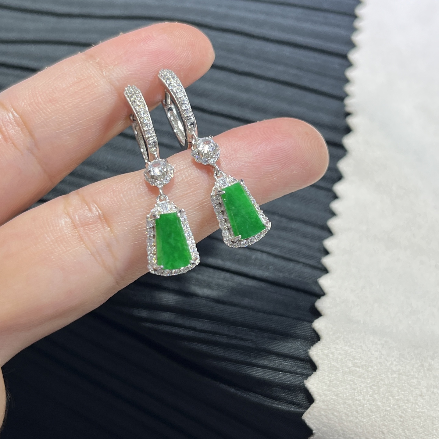Myanmar Jade Silver-Set Green Wu Shi Pendant Earrings 2