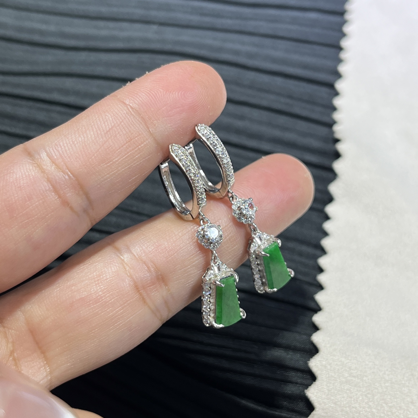Myanmar Jade Silver-Set Green Wu Shi Pendant Earrings 4