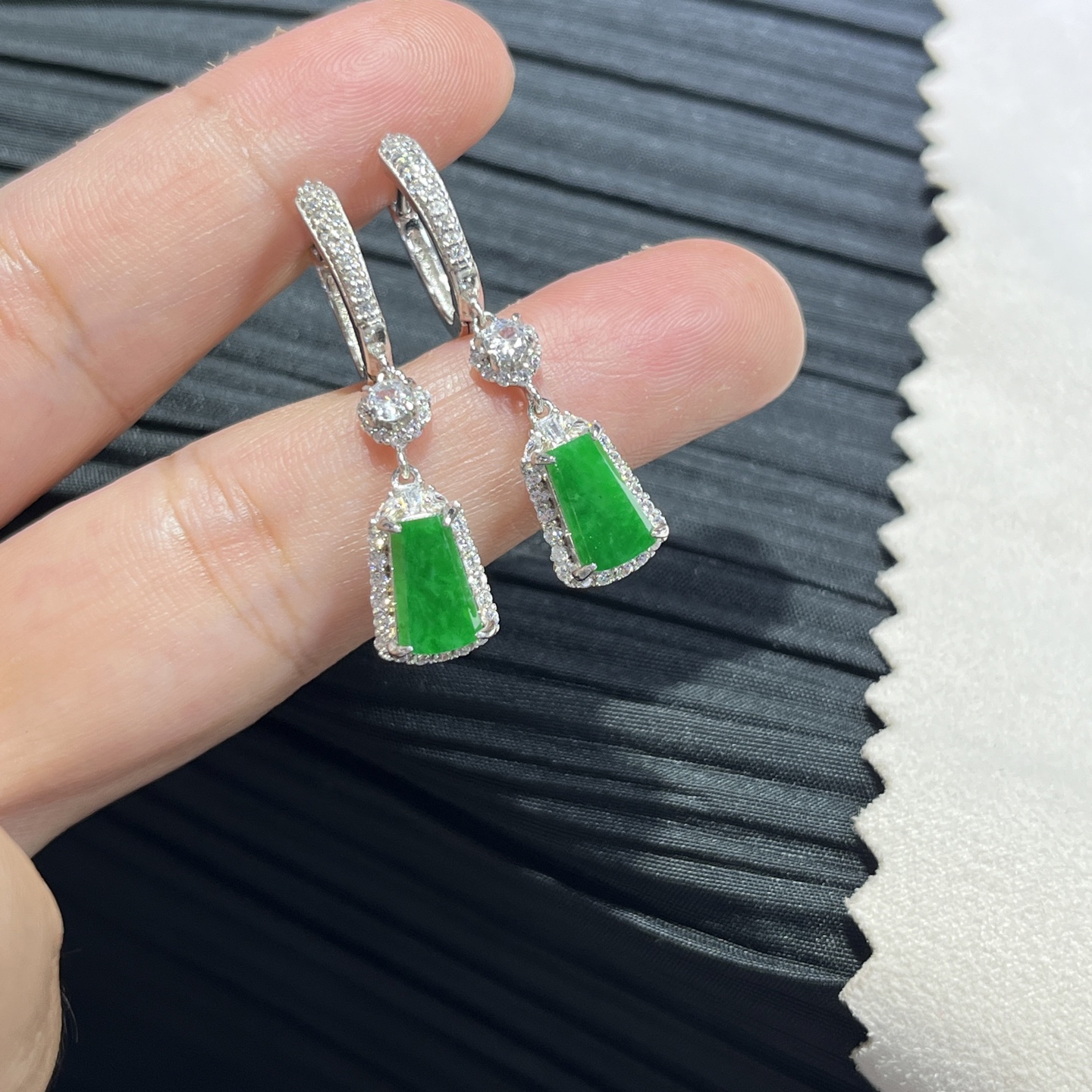 Myanmar Jade Silver-Set Green Wu Shi Pendant Earrings 3