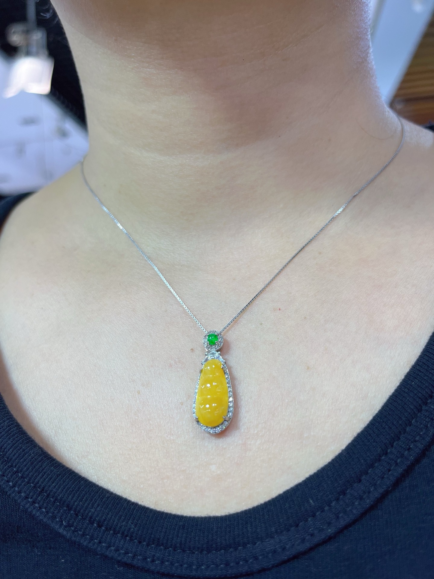 Myanmar Jade Silver-Set Yellow Jade Bean Pendant 4