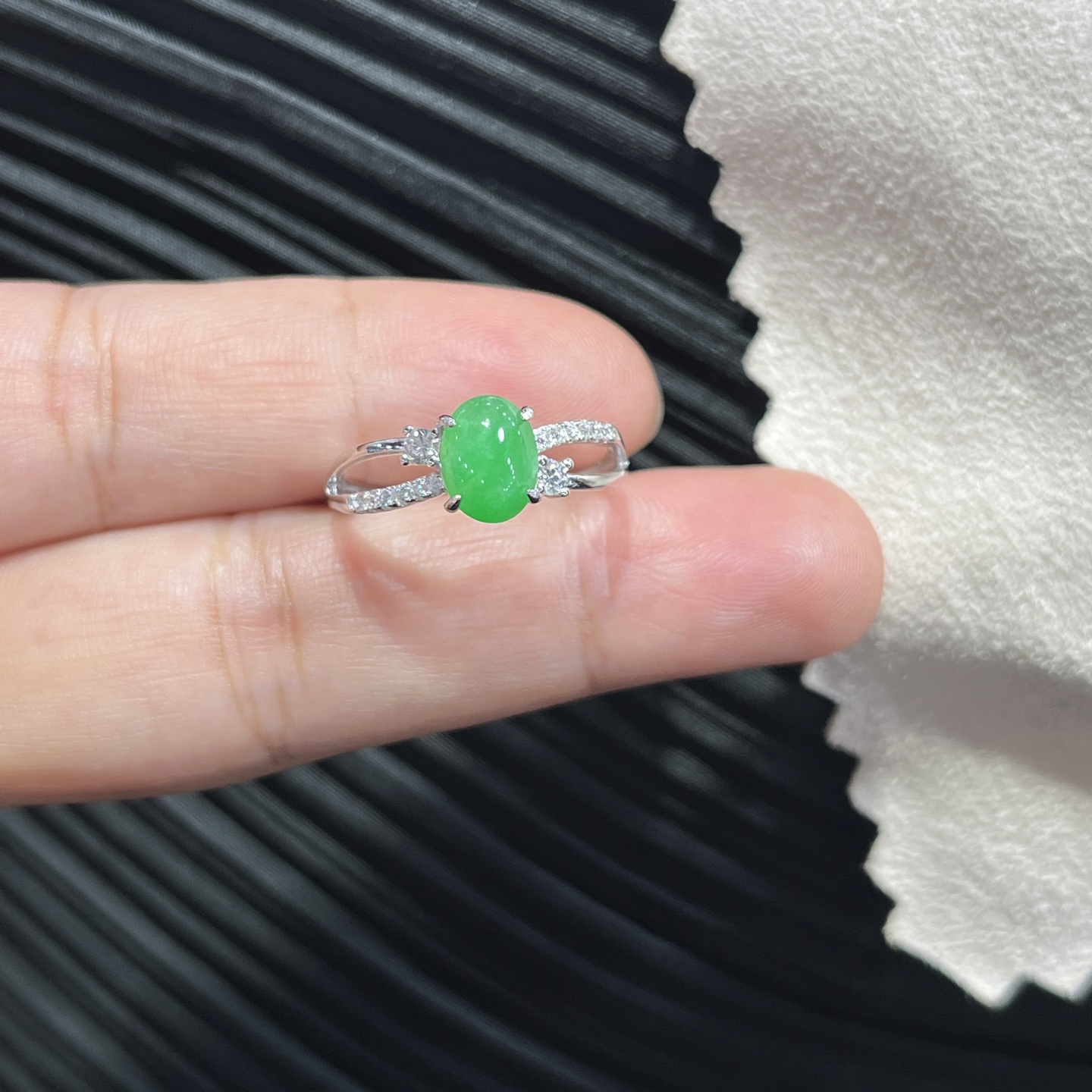 Myanmar Jade Silver-Set Green Ring, Micro-Cracks Under Light 3