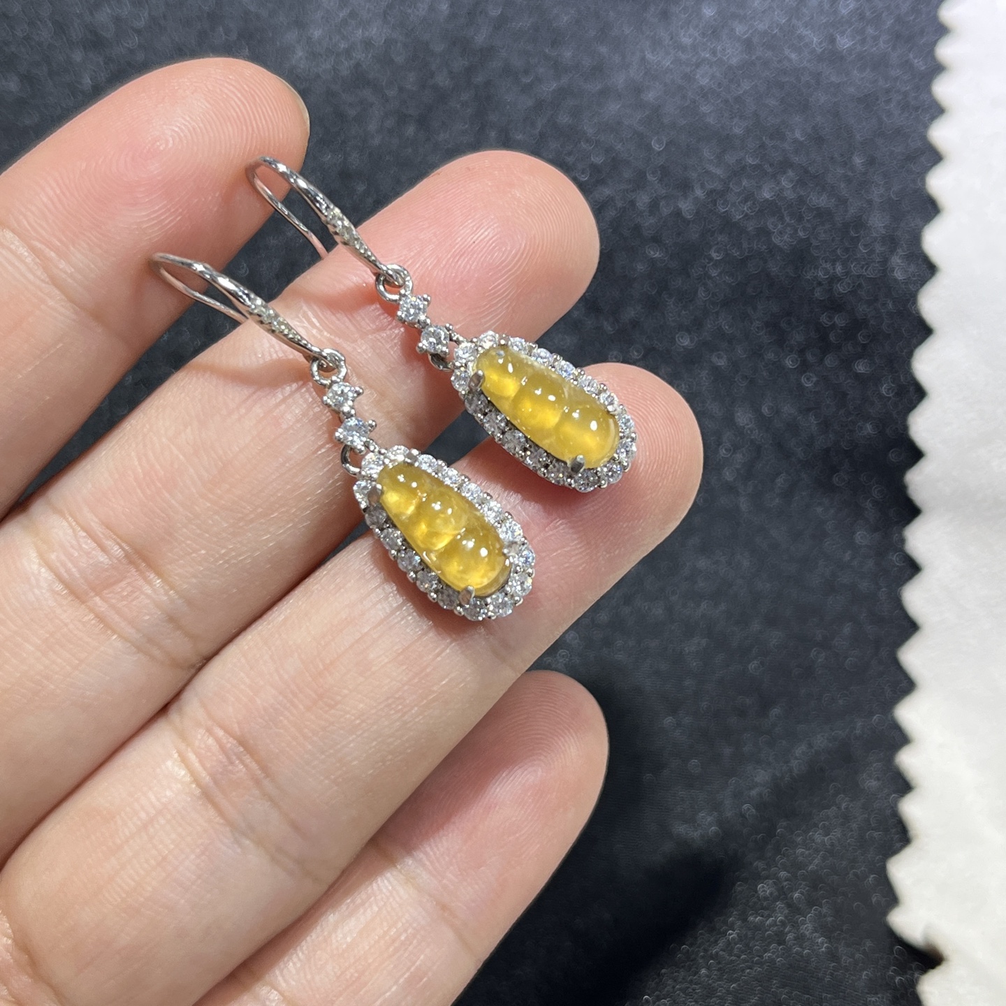 Myanmar Jade Silver-Plated Yellow Bean Earrings 3