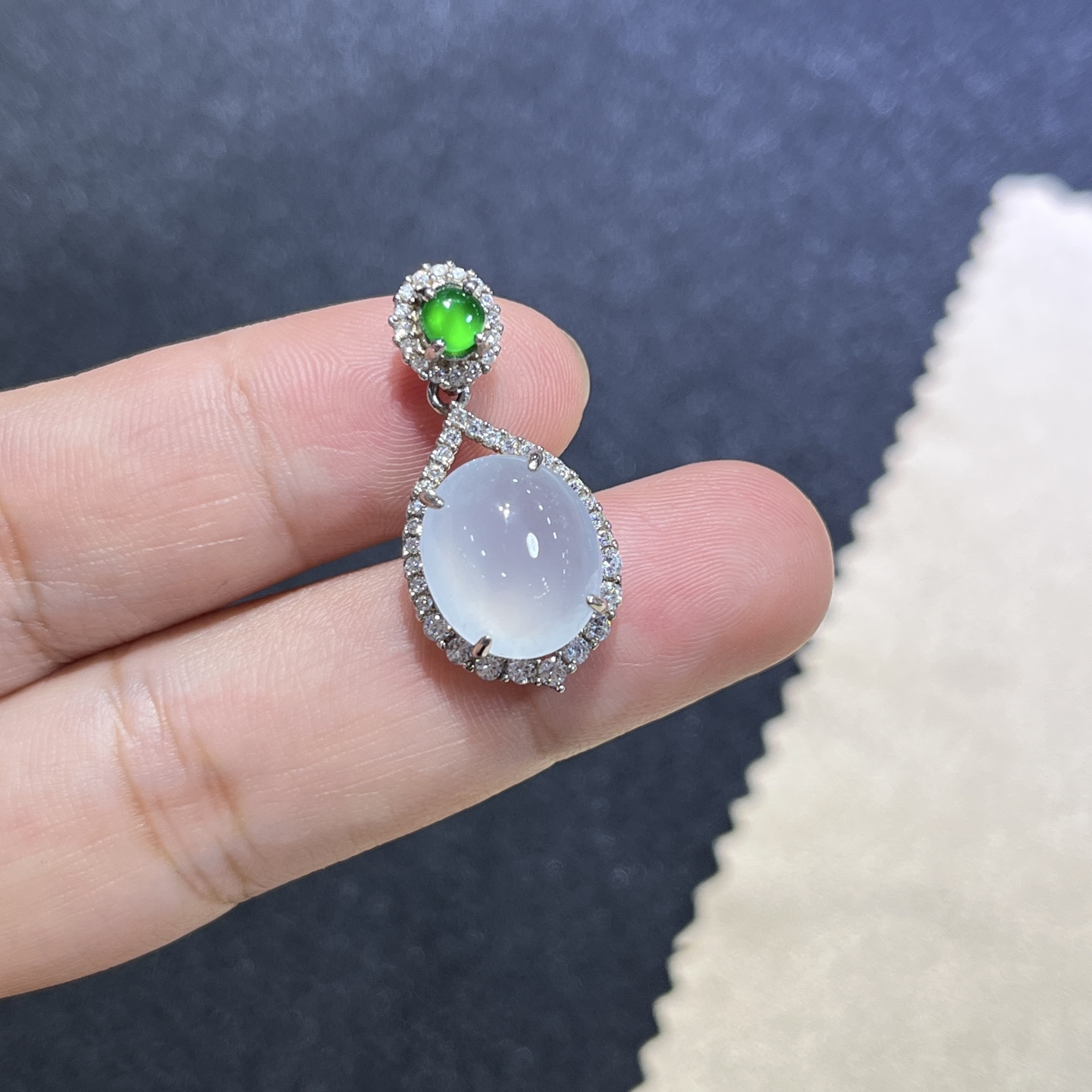 Myanmar Jade Silver-Set White Ice Pendant 2