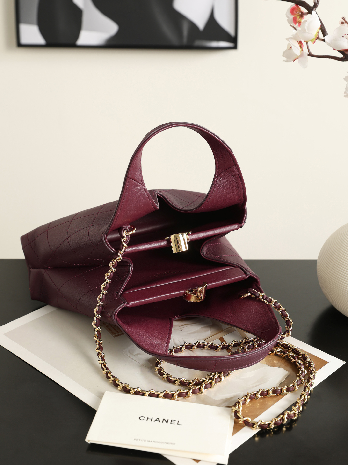 CHANEL Quilted Leather Top Handle Chain Bag