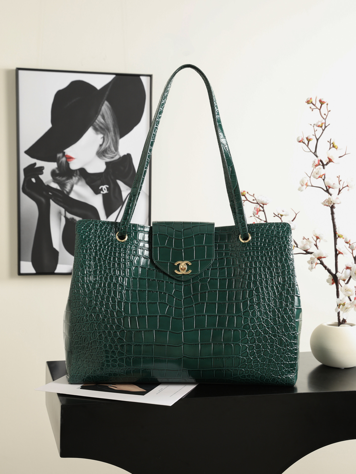Chanel Green Croc Embossed Tote Bag