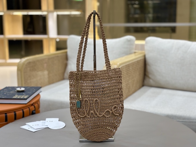 Chloé SUMMER BANANA Raffia and Leather Tote Bag with Signature Logo 1 Chloé SUMMER BANANA Raffia and Leather Tote Bag with Signature Logo