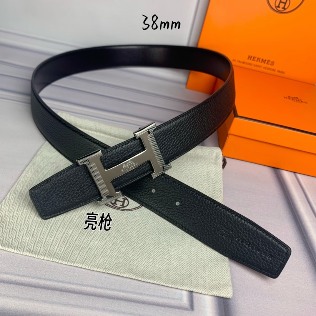 Hermès爱马仕双头尖双面原版原单品质进口头层牛皮黑色荔枝纹搭配黑色平纹寸半38mm配官网H马拉车花纹