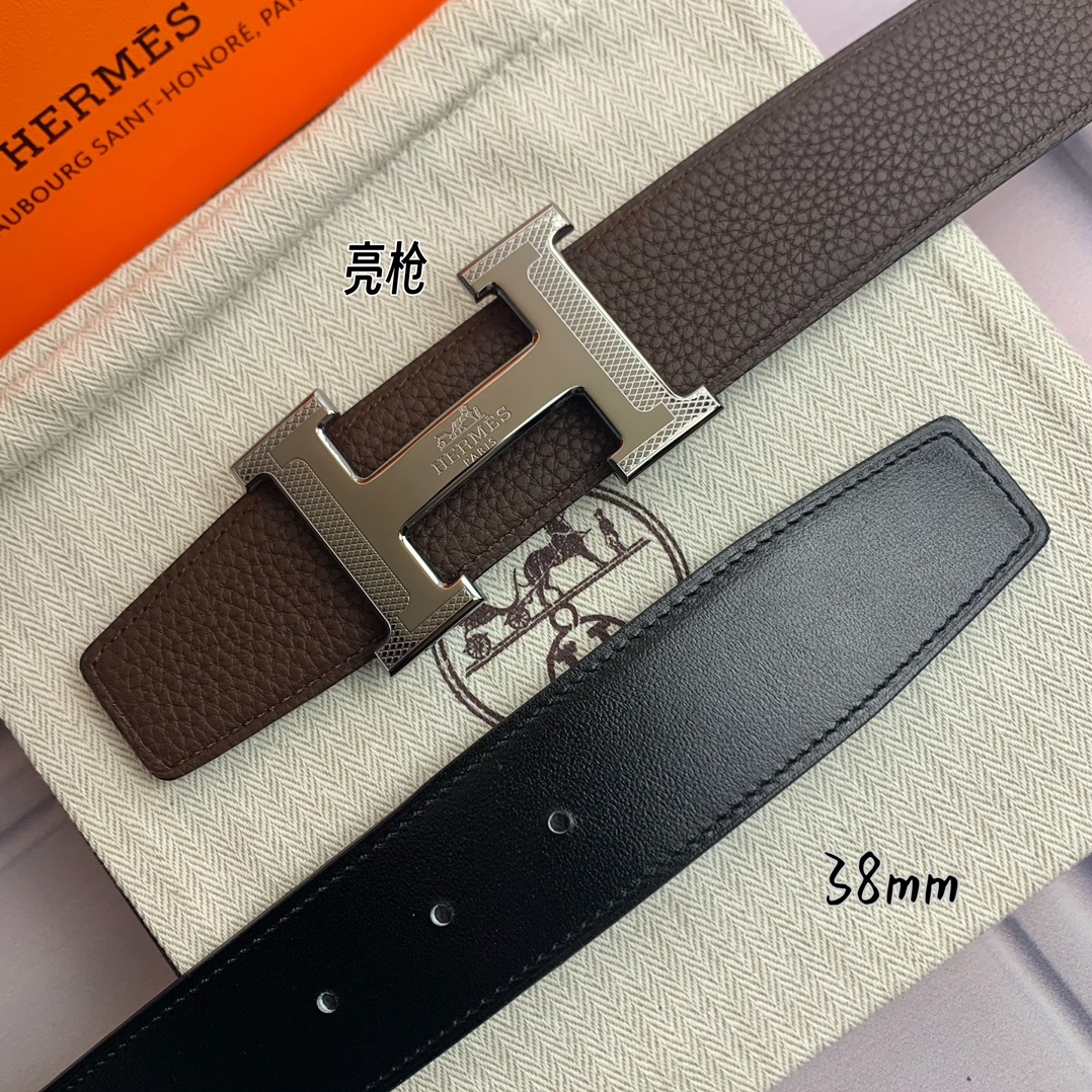 Hermès爱马仕双头尖双面原版原单品质进口头层牛皮咖啡荔枝纹搭配黑色平纹寸半38mm配官网H马拉车花纹