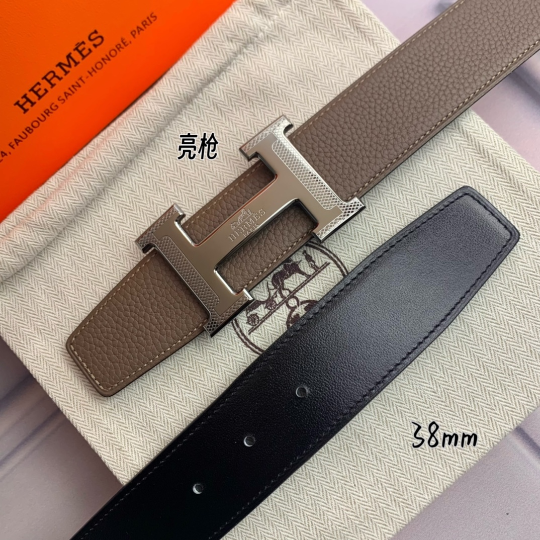 Hermès爱马仕双头尖双面原版原单品质进口头层牛皮灰色荔枝纹搭配黑色平纹寸半38mm配官网H马拉车花纹
