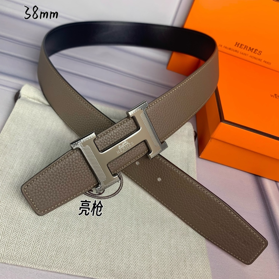 Hermès爱马仕双头尖双面原版原单品质进口头层牛皮灰色荔枝纹搭配黑色平纹寸半38mm配官网H马拉车花纹