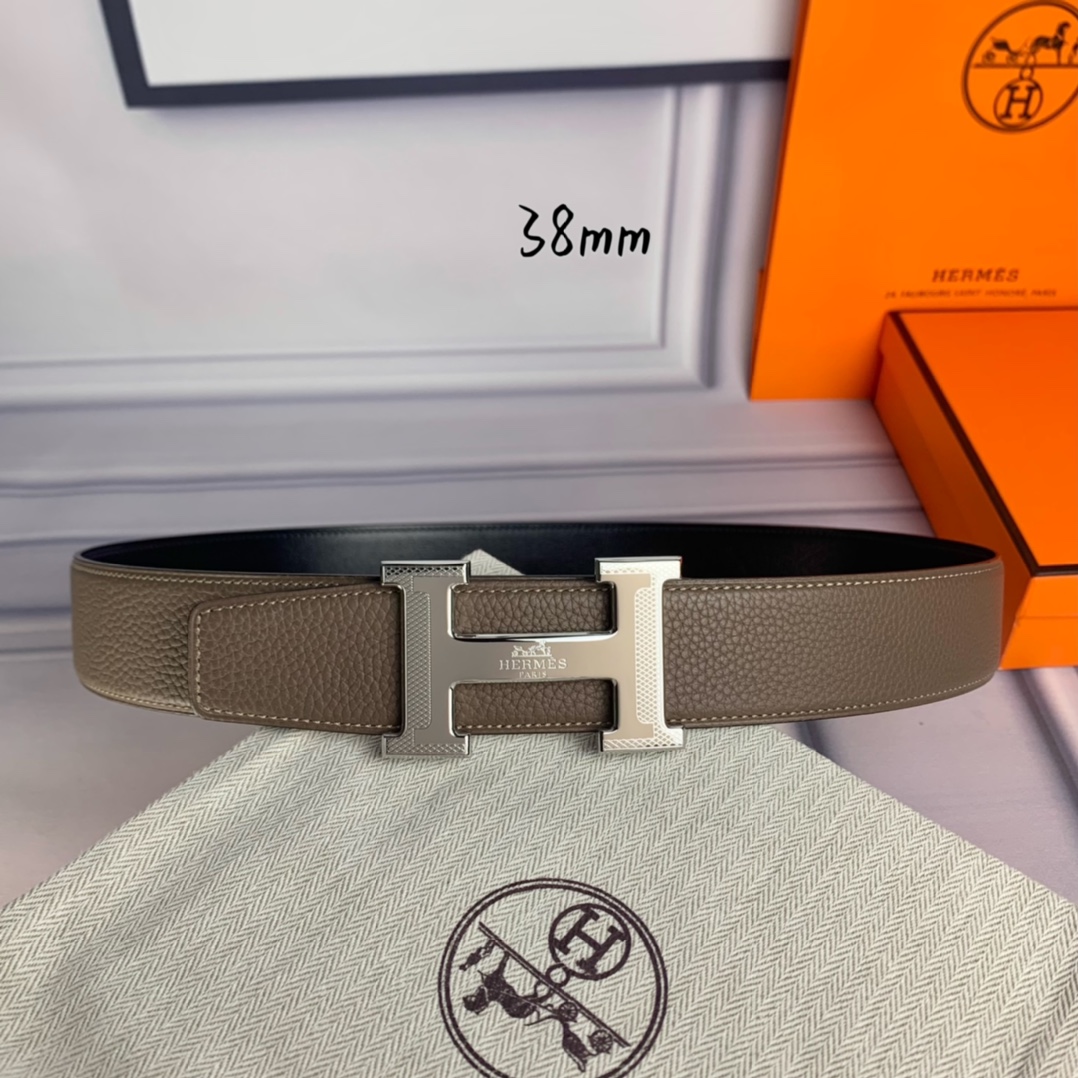 Hermès爱马仕双头尖双面原版原单品质进口头层牛皮灰色荔枝纹搭配黑色平纹寸半38mm配官网H马拉车花纹