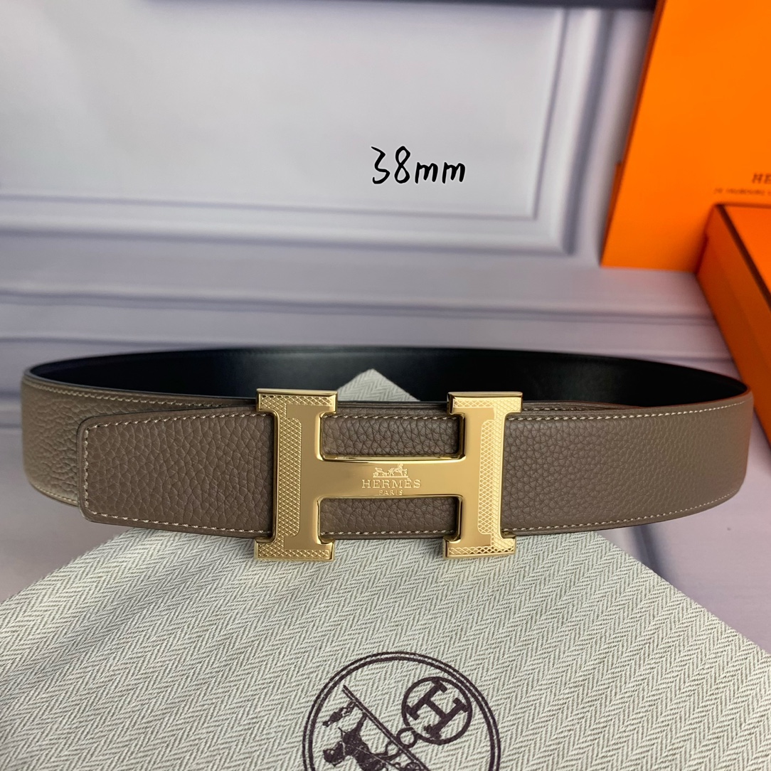 Hermès爱马仕双头尖双面原版原单品质进口头层牛皮灰色荔枝纹搭配黑色平纹寸半38mm配官网H马拉车花纹