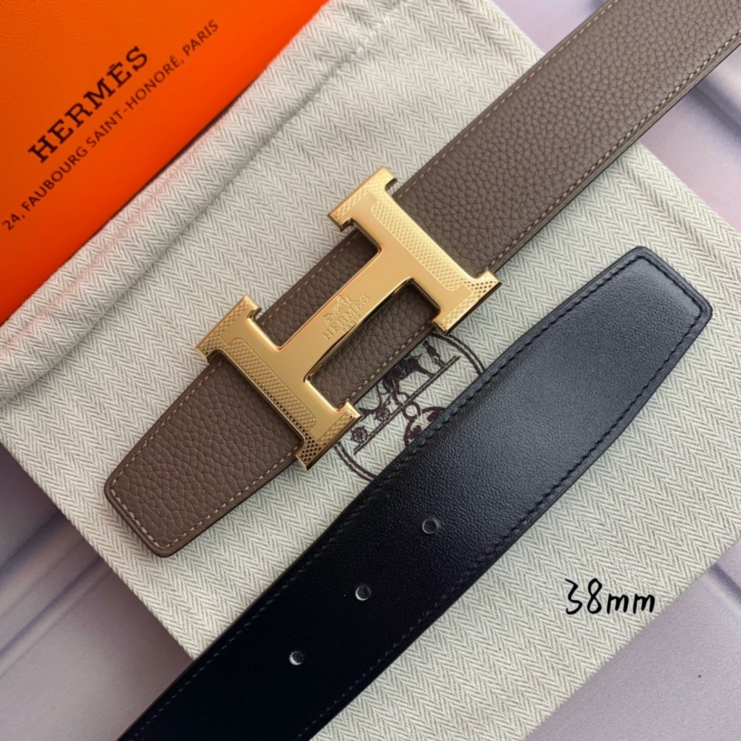 Hermès爱马仕双头尖双面原版原单品质进口头层牛皮灰色荔枝纹搭配黑色平纹寸半38mm配官网H马拉车花纹